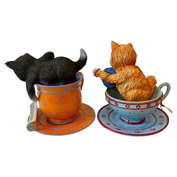 2 Jürgen Scholz Cozy Kitten Teacups Making Music & Frisky Business Cat Figurines - Picture 8 of 14